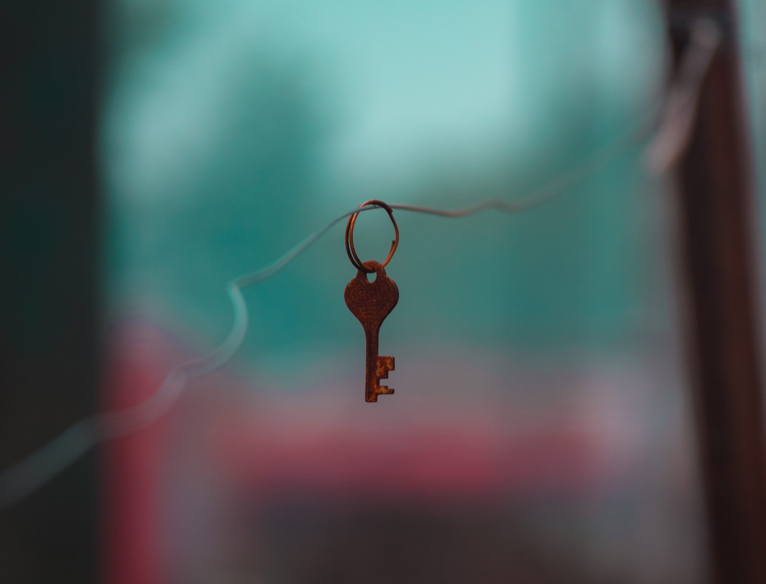 Key dangling on a string of metal wire.