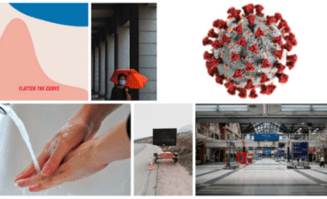 Collage of COVID 19 in public spaces