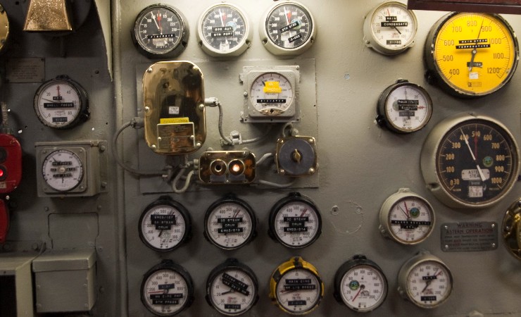 Wall of old-fashioned gauges and dials