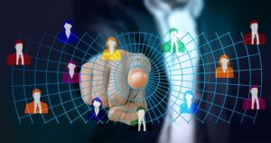 A finger pointing at a network of people.