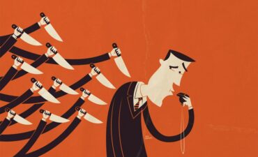 Cartoon of man blowing whistle with numerous knives at his back