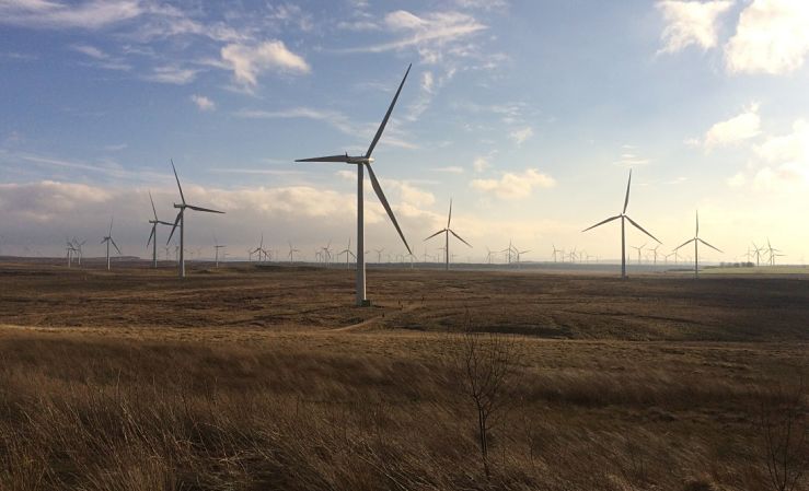 Wind turbines seen across the Eaglesham moor at Scotland's Whitelee Wind Farm.